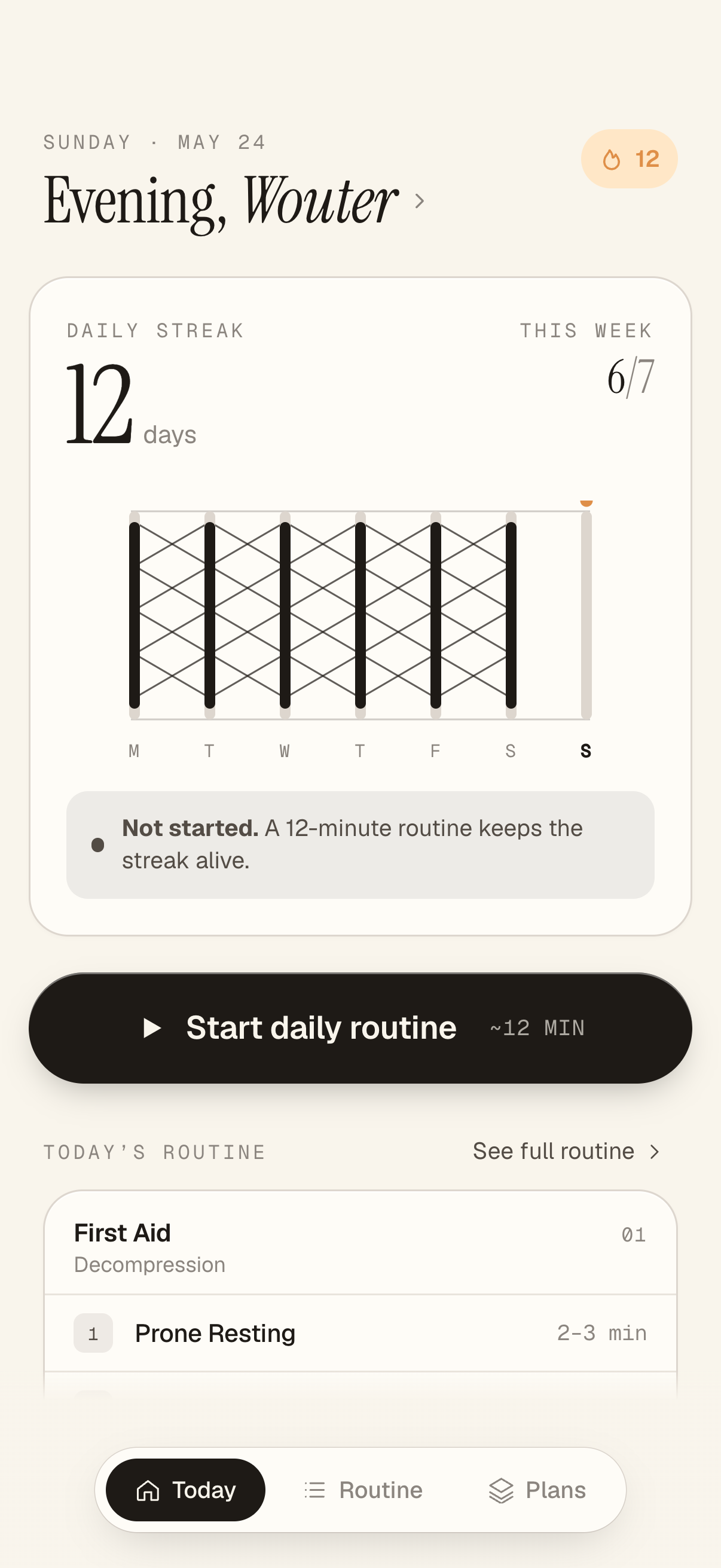 Corset home screen with daily streak and weekly progress